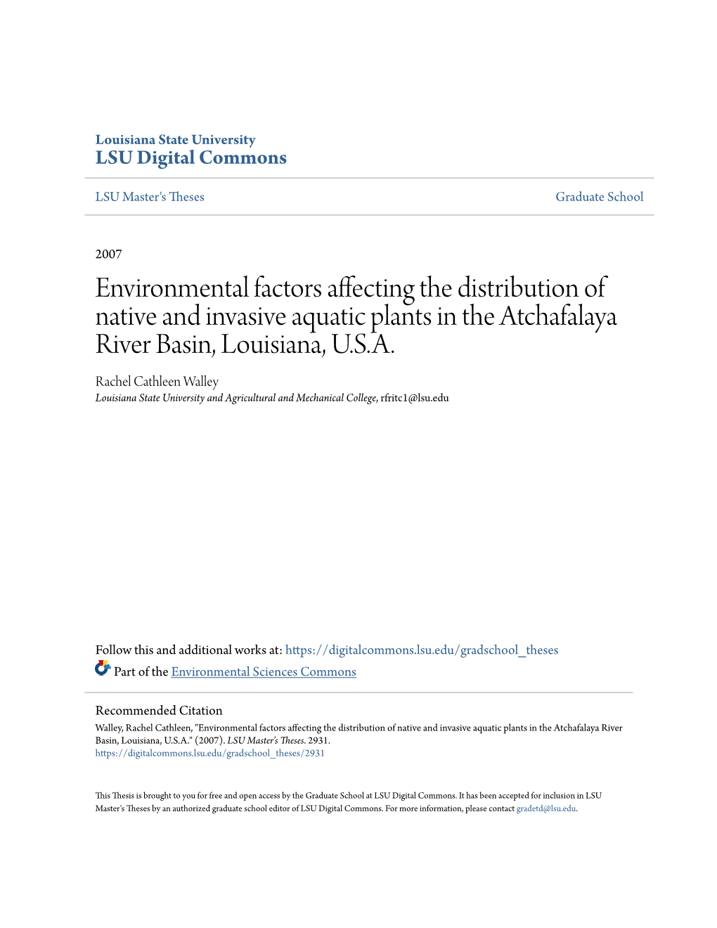 Environmental Factors Affecting the Distribution of Native and Invasive Aquatic Plants in the Atchafalaya River Basin, Louisiana, U.S.A