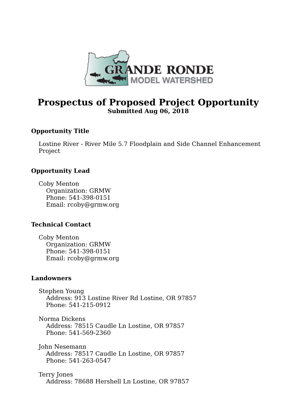 Prospectus of Proposed Project Opportunity Submitted Aug 06, 2018