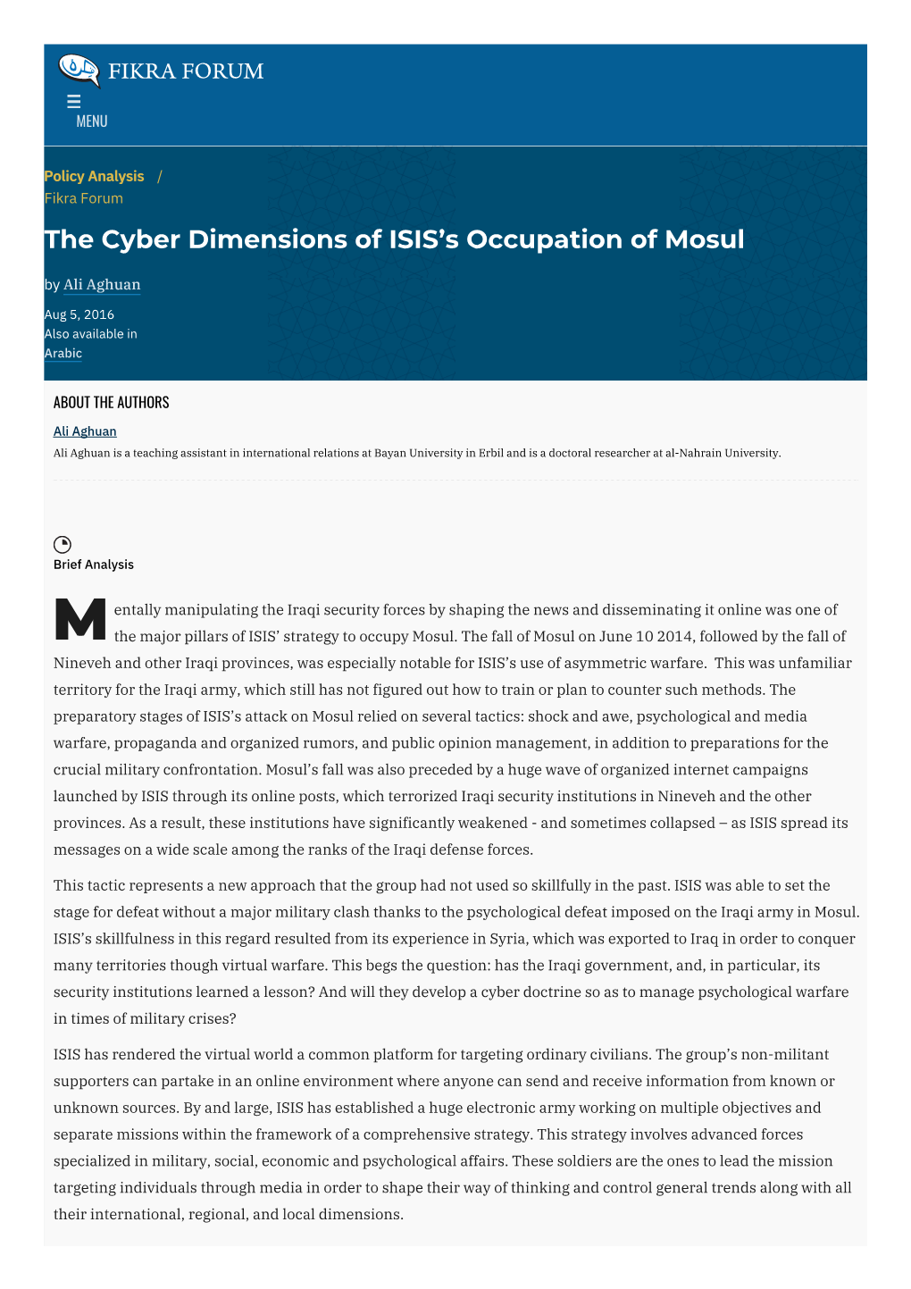The Cyber Dimensions of ISIS's Occupation of Mosul | The