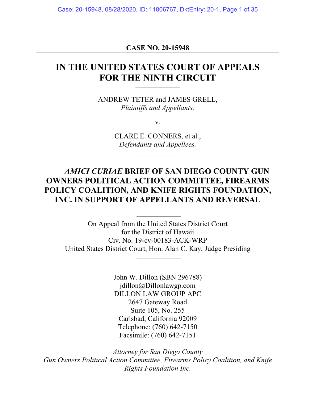 Brief of San Diego County Gun Owners Political Action Committee, Firearms Policy Coalition, and Knife Rights Foundation, Inc