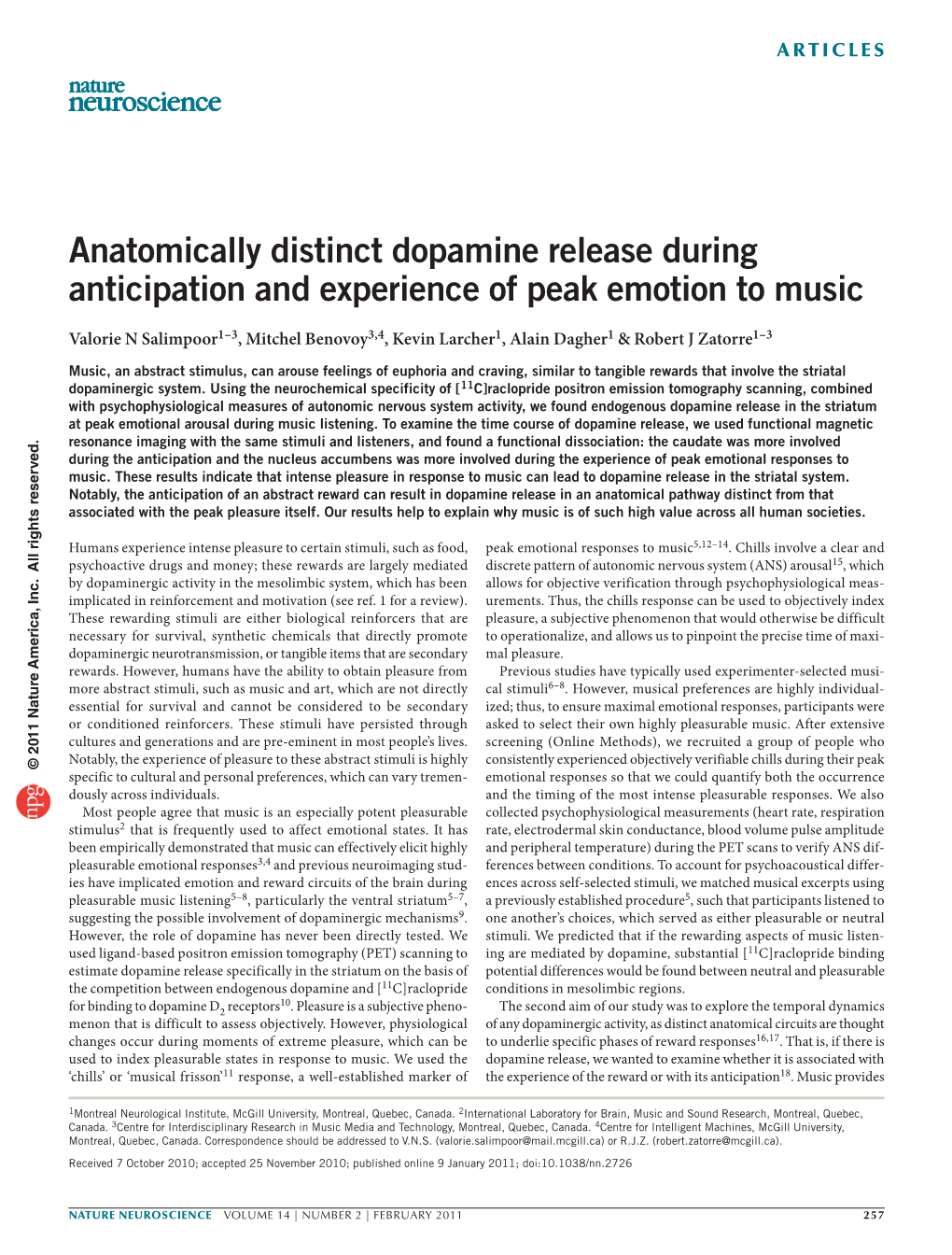 Anatomically Distinct Dopamine Release During Anticipation and Experience of Peak Emotion to Music