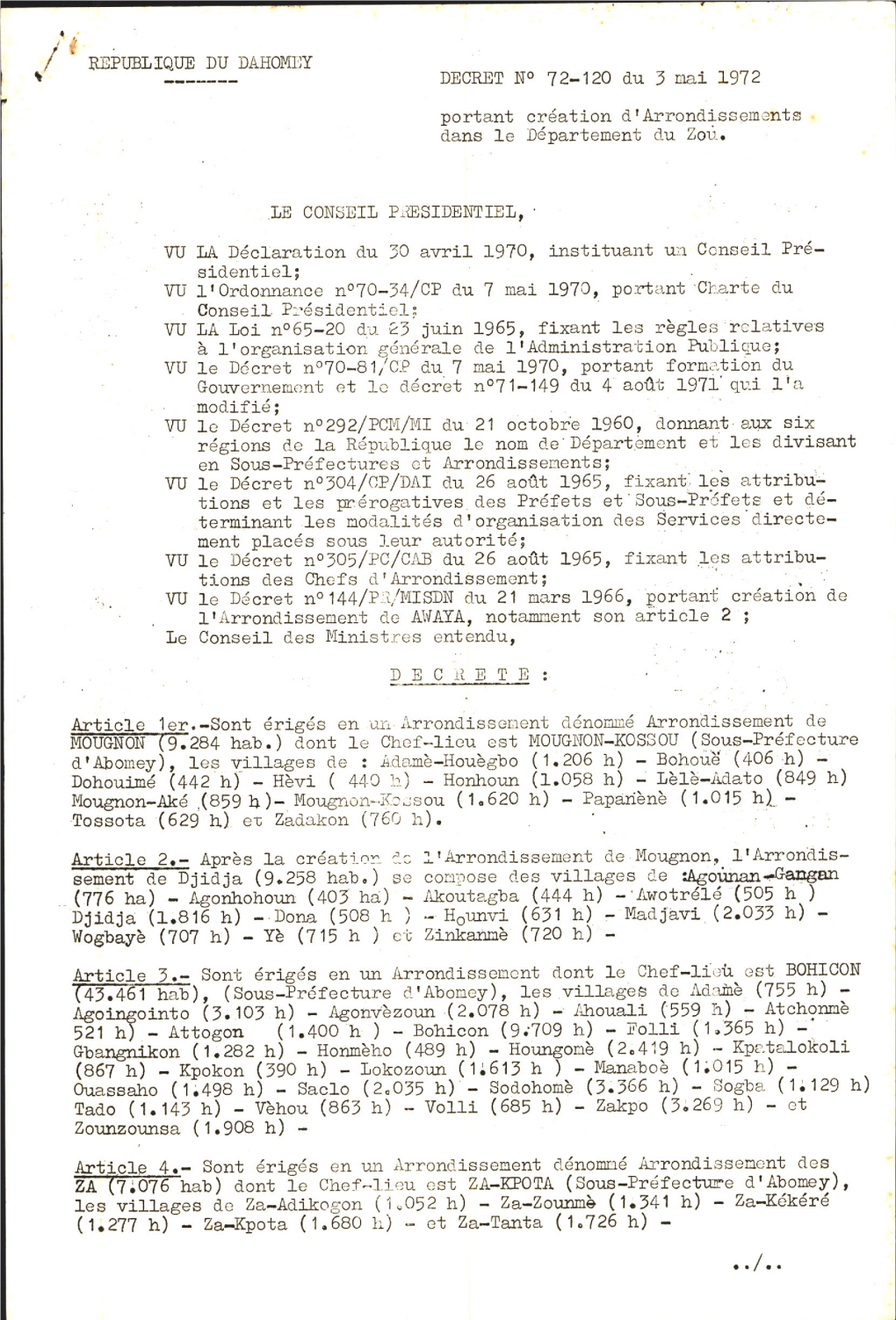 Page 1 REPUBLIQUE DU DAHOMEY DECRET N° 72-120 Du 3 Mai 1972