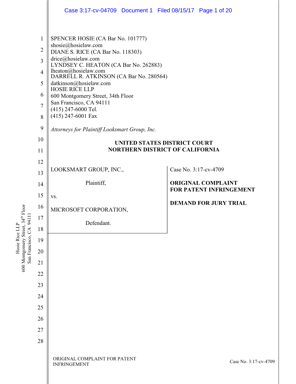 Case 3:17-Cv-04709 Document 1 Filed 08/15/17 Page 1 of 20