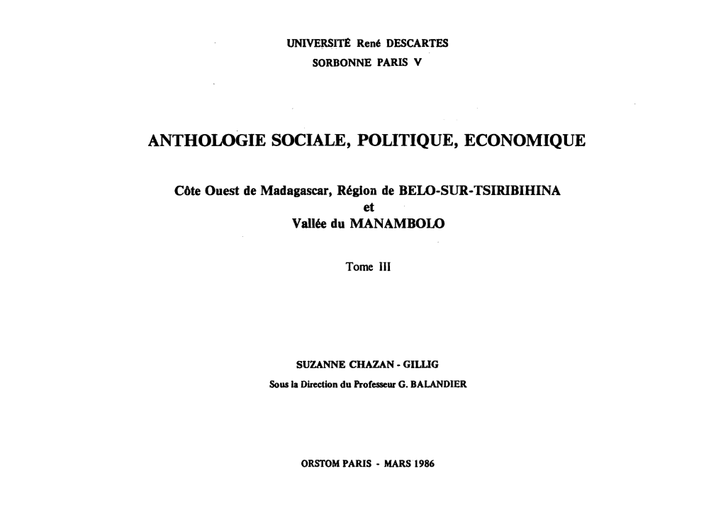 Côte Ouest De Madagascar / 3 : Anthologie Sociale, Politique