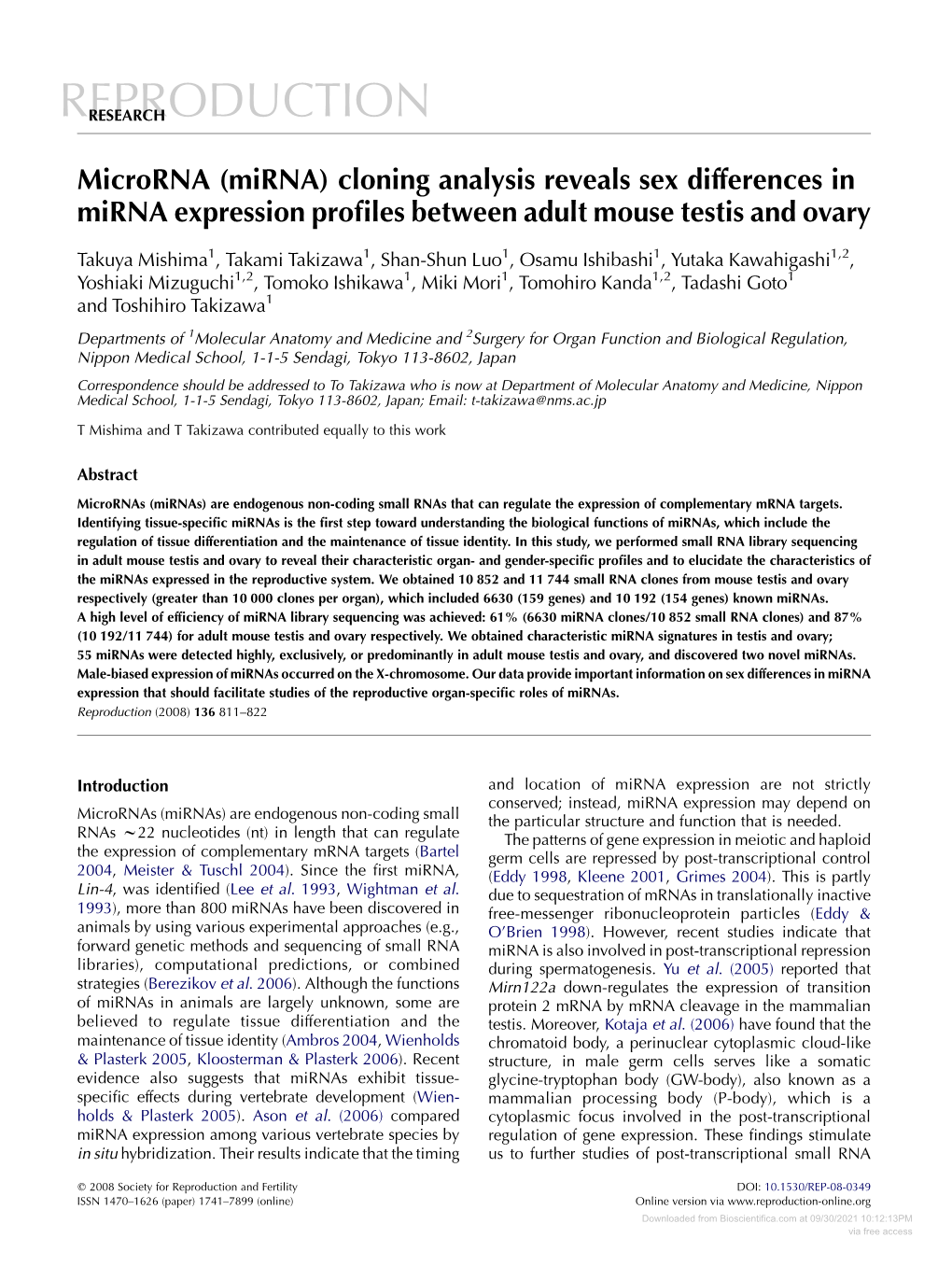 Microrna (Mirna) Cloning Analysis Reveals Sex Differences in Mirna Expression Proﬁles Between Adult Mouse Testis and Ovary