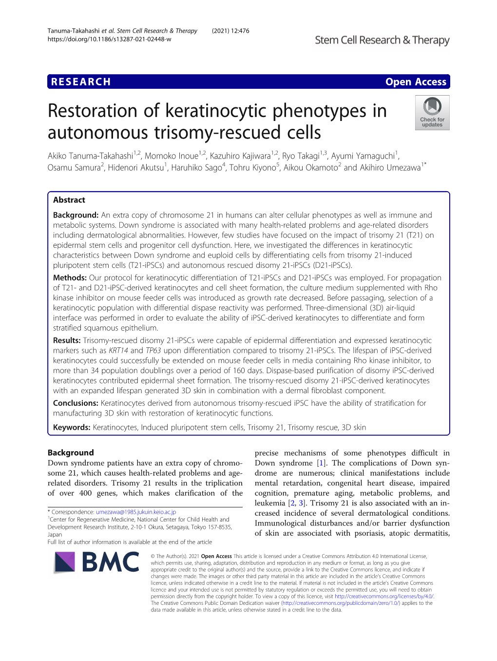 Restoration of Keratinocytic Phenotypes in Autonomous Trisomy