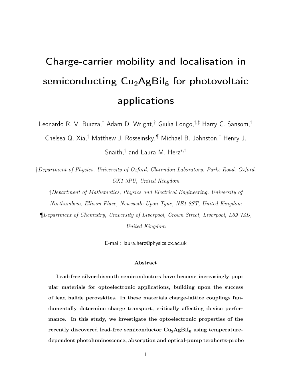 Charge-Carrier Mobility and Localisation in Semiconducting Cu2 Agbii6 for Photovoltaic Applications