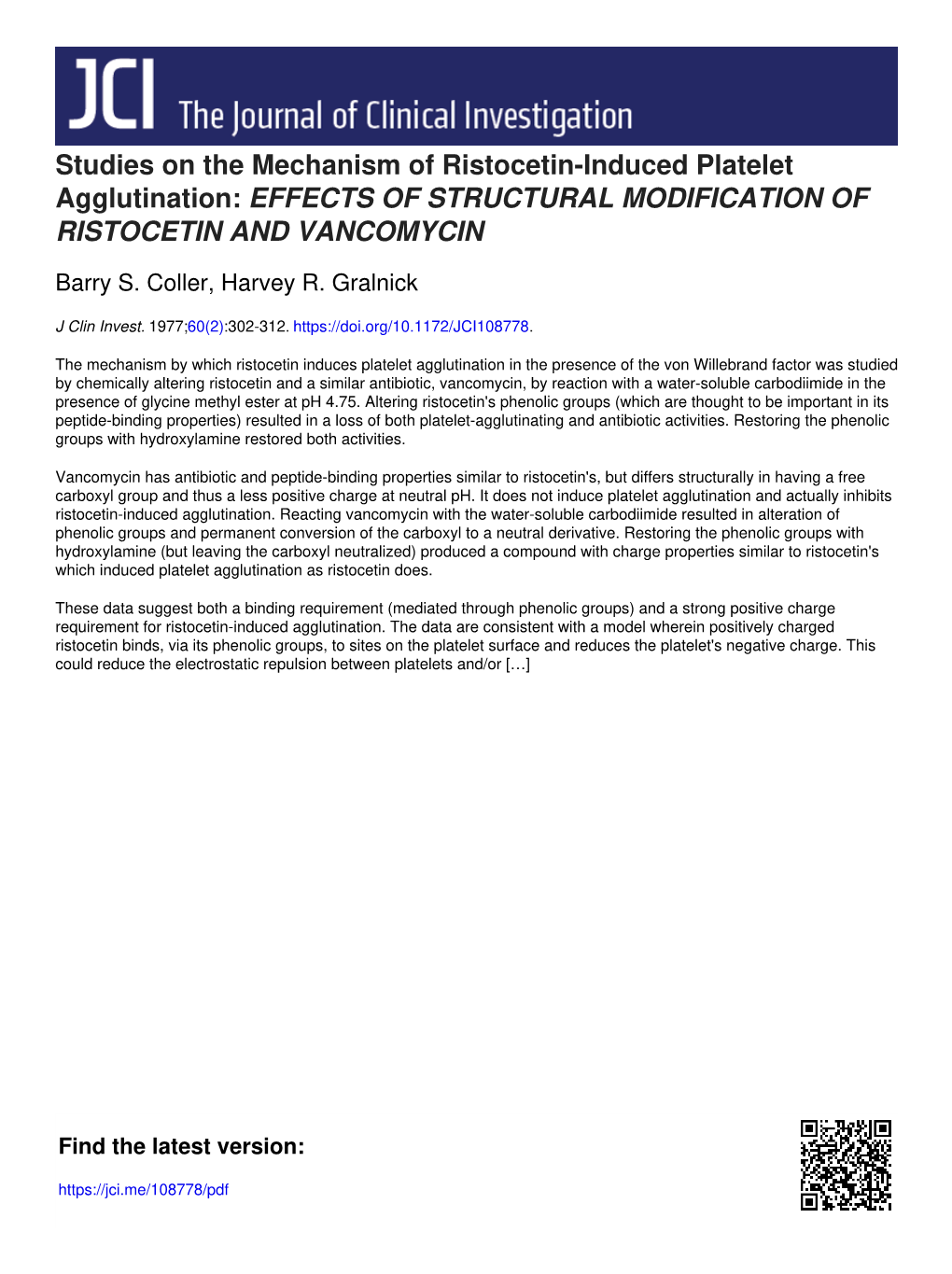 Studies on the Mechanism of Ristocetin-Induced Platelet Agglutination: EFFECTS of STRUCTURAL MODIFICATION of RISTOCETIN and VANCOMYCIN