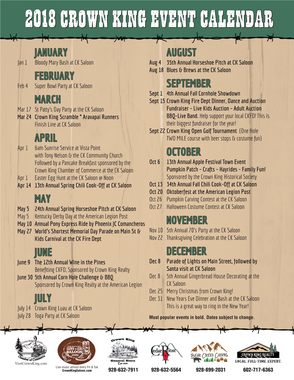 2018 Crown King Event Calendar