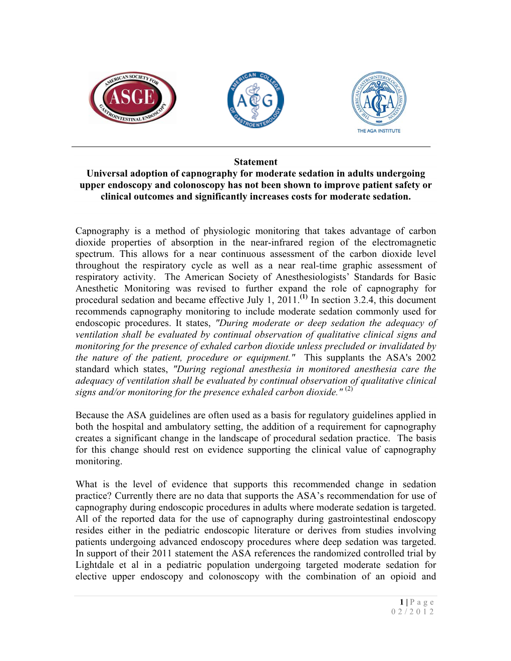 Statement Universal Adoption of Capnography for Moderate Sedation