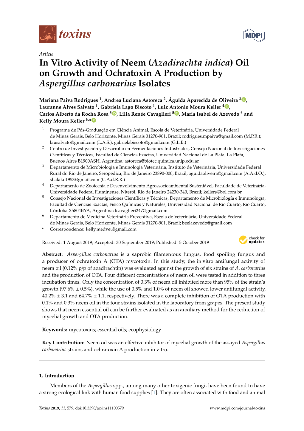 In Vitro Activity of Neem (Azadirachta Indica) Oil on Growth and Ochratoxin a Production by Aspergillus Carbonarius Isolates