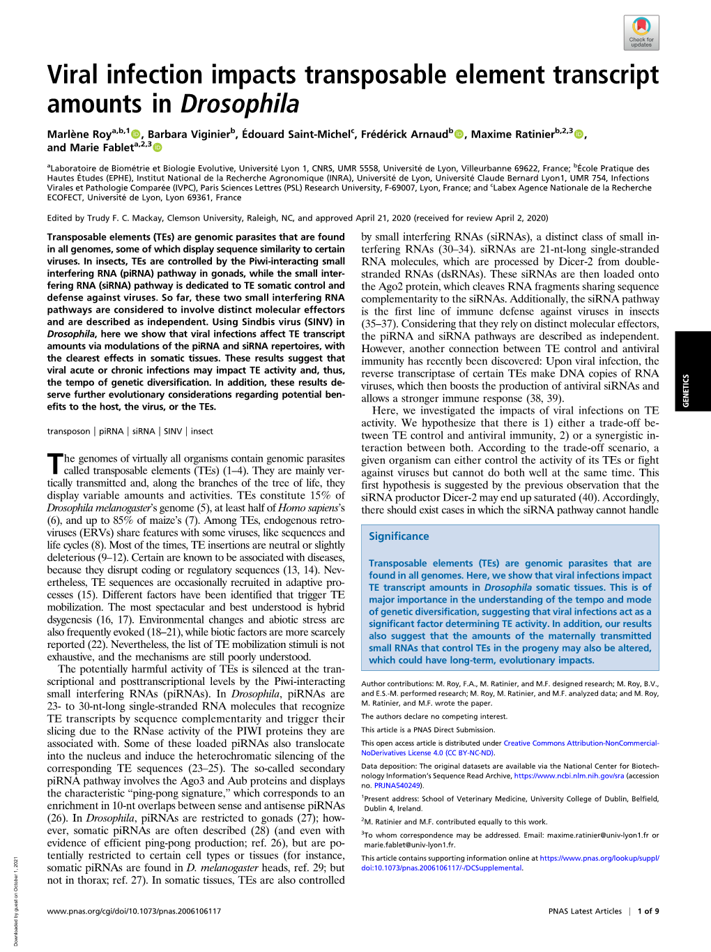 Viral Infection Impacts Transposable Element Transcript Amounts in Drosophila