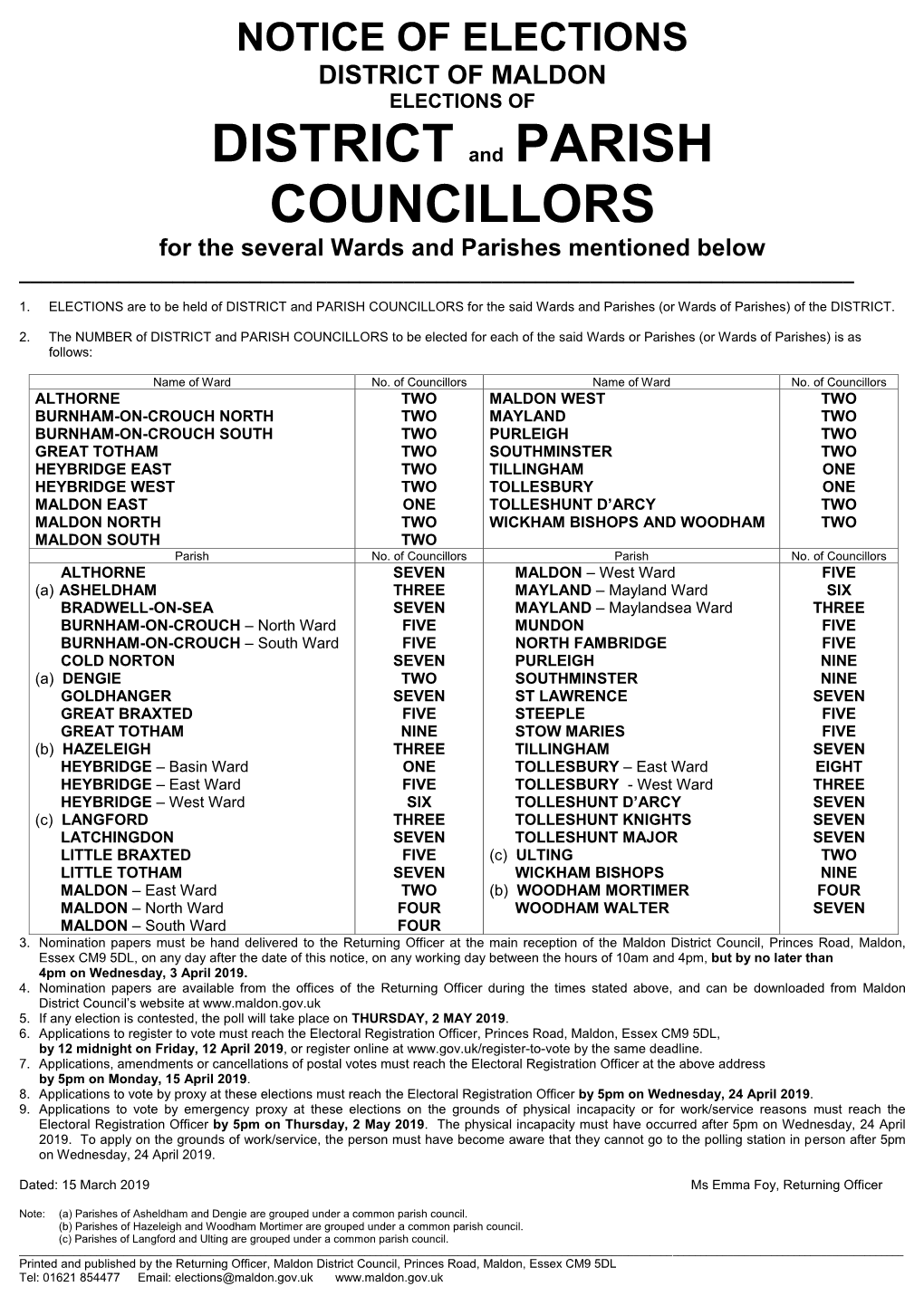 NOTICE of ELECTIONS – District & Parish 2019