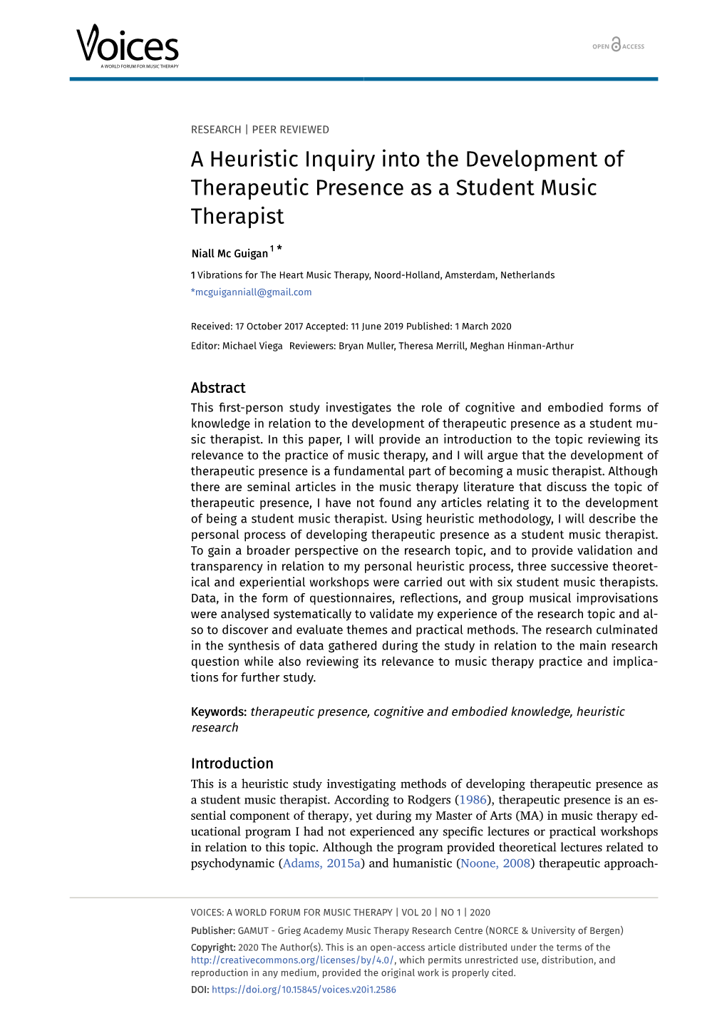 A Heuristic Inquiry Into the Development of Therapeutic Presence As a Student Music Therapist