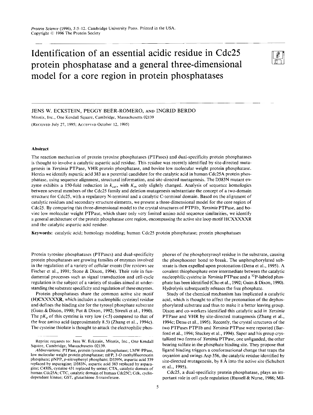 Identification of an Essential Acidic Residue in Cdc25 Protein Phosphatase and a General Three-Dimensional Model for a Core Region in Protein Phosphatases