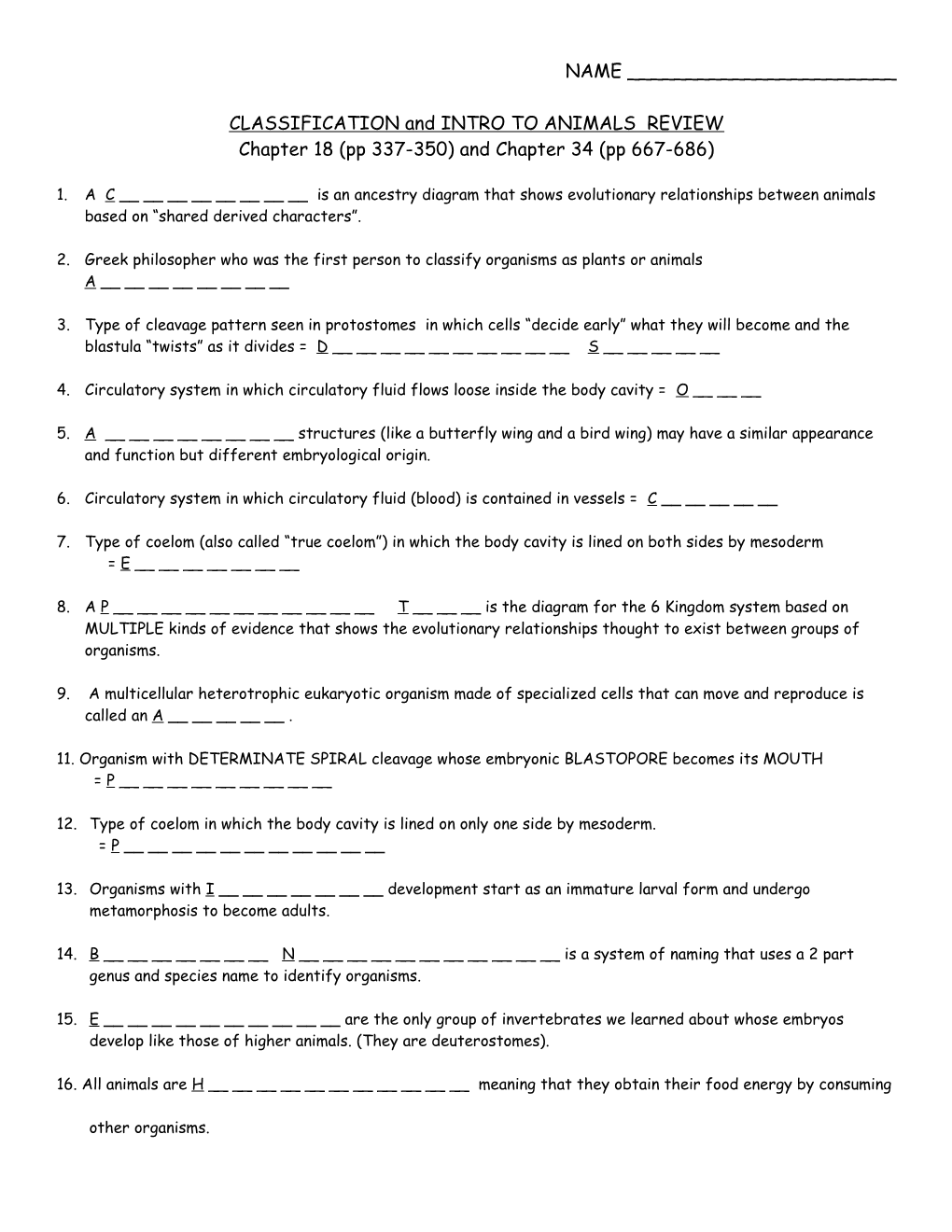 CLASSIFICATION and INTRO to ANIMALS CROSSWORD REVIEW