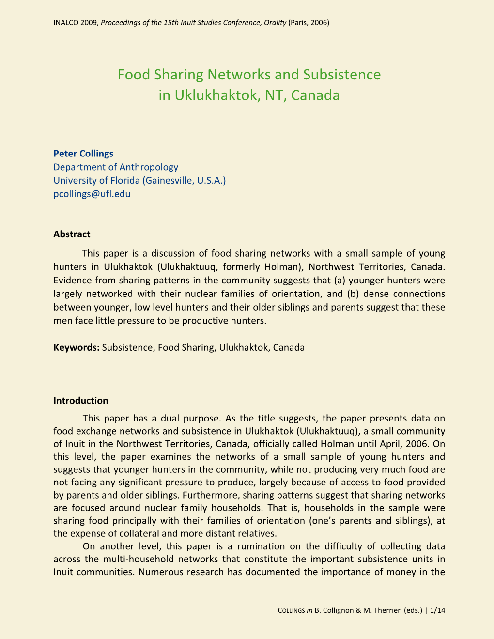 Food Sharing Networks and Subsistence in Uklukhaktok, NT, Canada