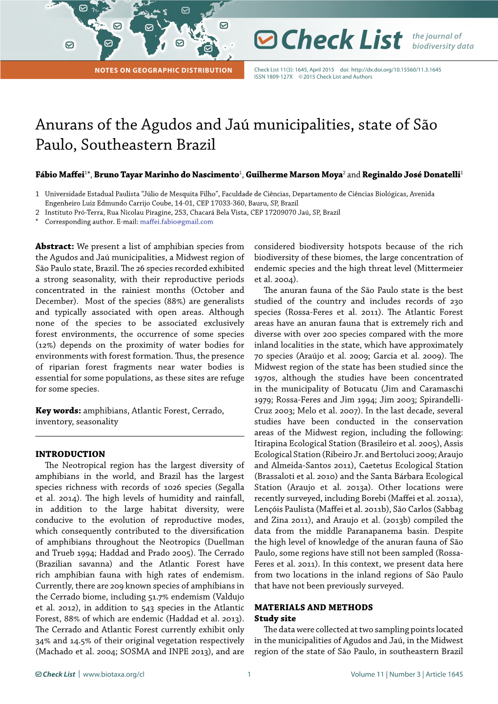 Anurans of the Agudos and Jaú Municipalities, State of São Paulo, Southeastern Brazil