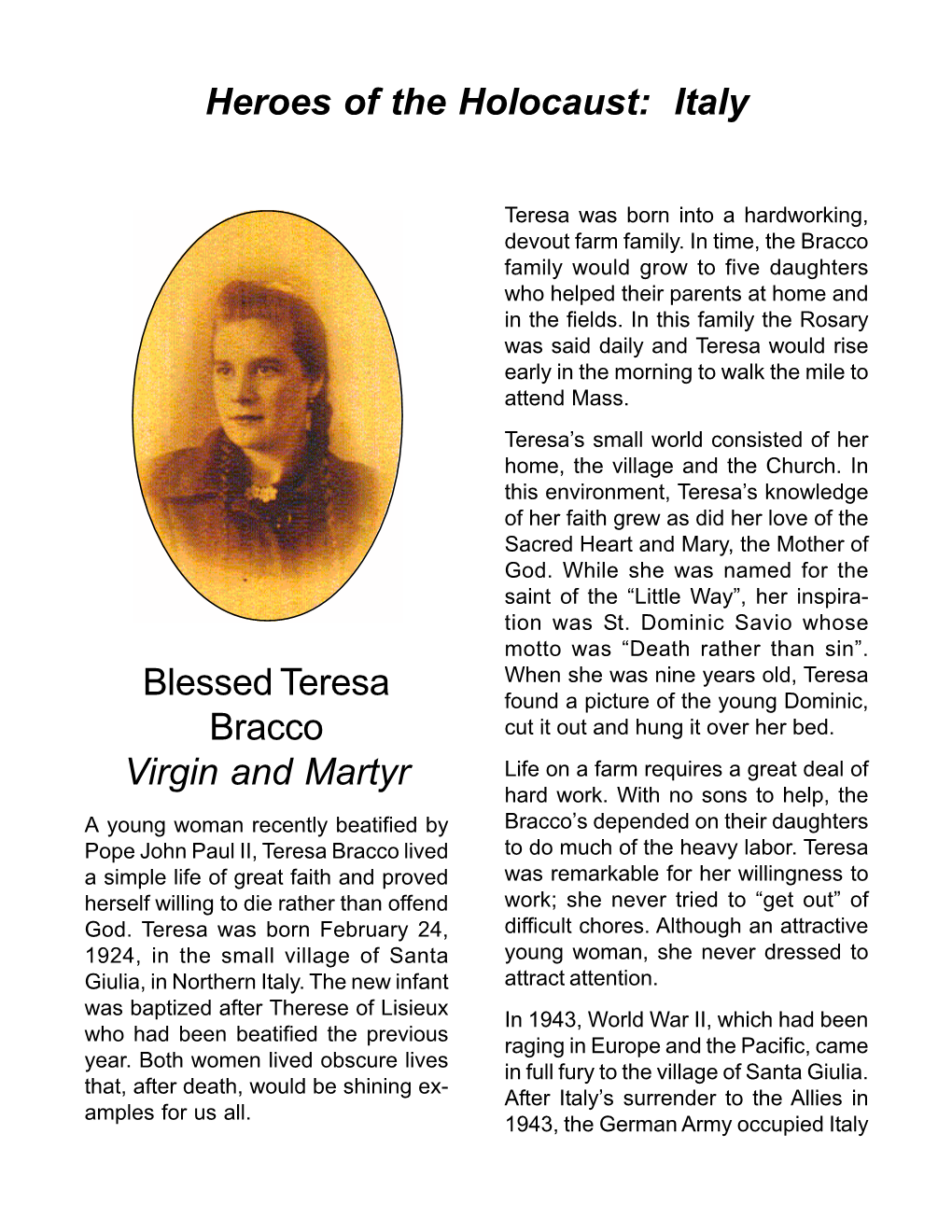 Blessed Teresa Bracco Virgin and Martyr Heroes of the Holocaust: Italy