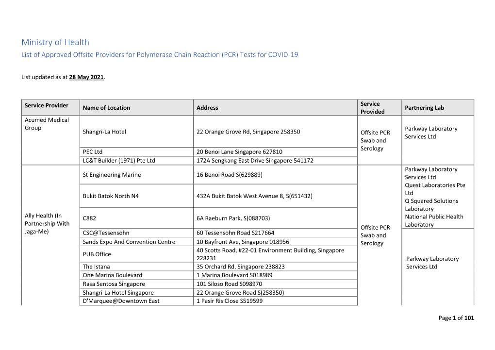 Ministry of Health List of Approved Offsite Providers for Polymerase Chain Reaction (PCR) Tests for COVID-19