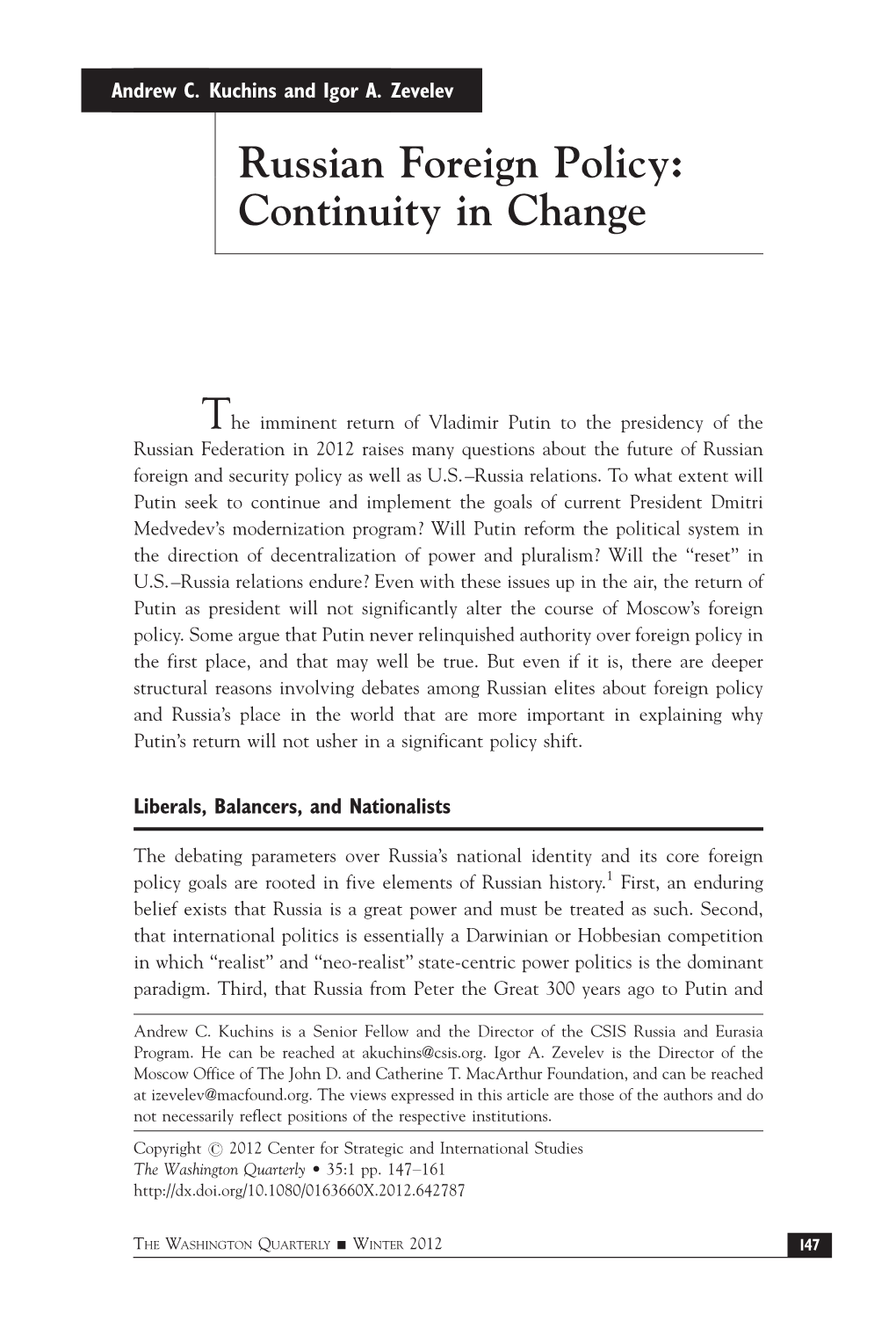 Russian Foreign Policy: Continuity in Change