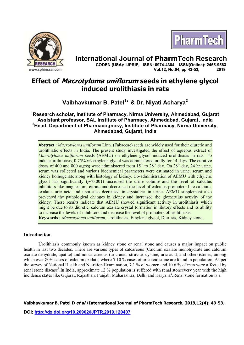 International Journal of Pharmtech Research CODEN (USA): IJPRIF, ISSN: 0974-4304, ISSN(Online): 2455-9563 Vol.12, No.04, Pp 43-53, 2019