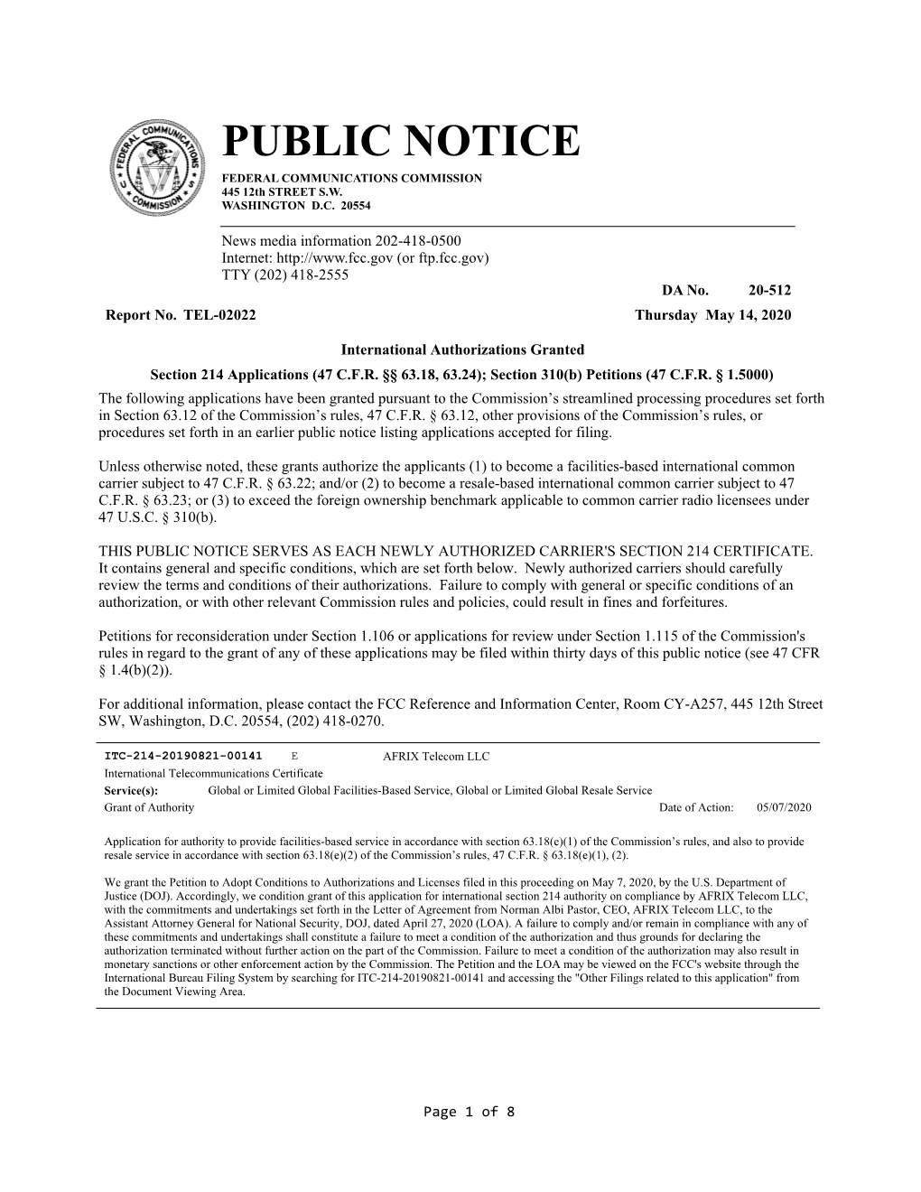 PUBLIC NOTICE FEDERAL COMMUNICATIONS COMMISSION 445 12Th STREET S.W