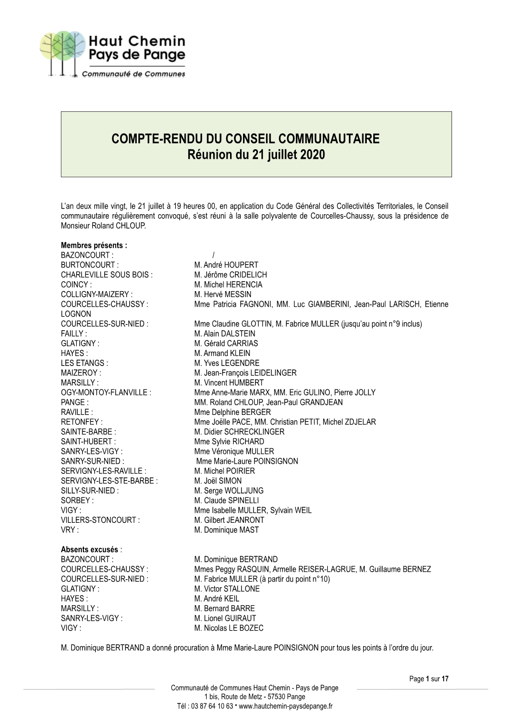 COMPTE-RENDU DU CONSEIL COMMUNAUTAIRE Réunion Du 21 Juillet 2020