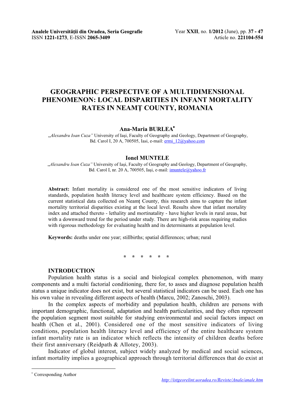 Geographic Perspective of a Multidimensional Phenomenon: Local Disparities in Infant Mortality Rates in Neamţ County, Romania