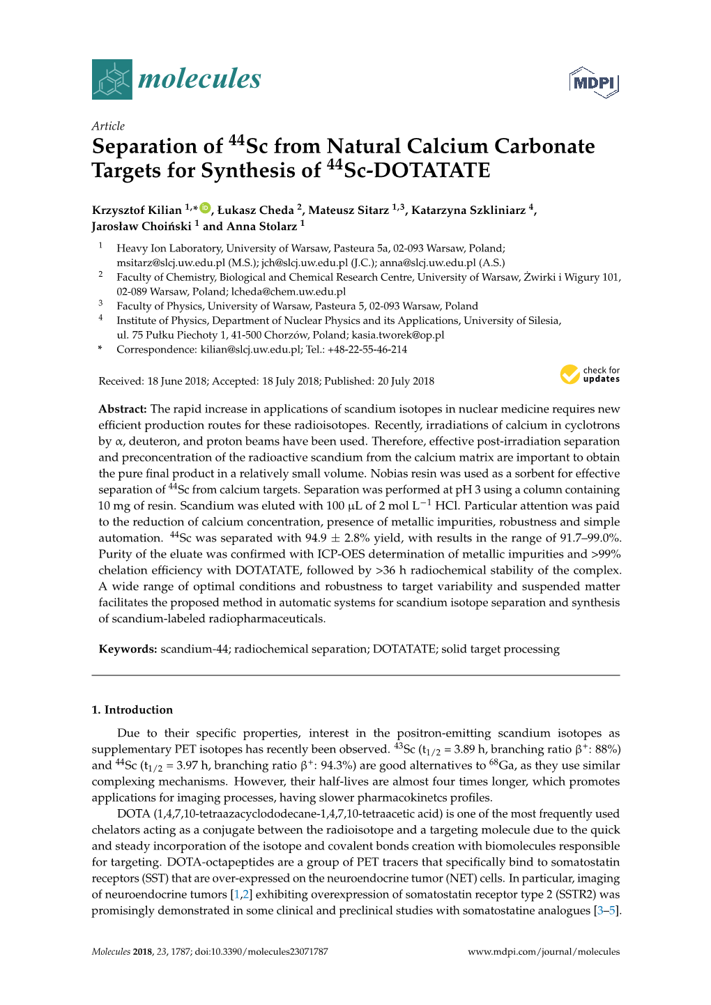 Separation of 44Sc from Natural Calcium Carbonate Targets for Synthesis of 44Sc-DOTATATE