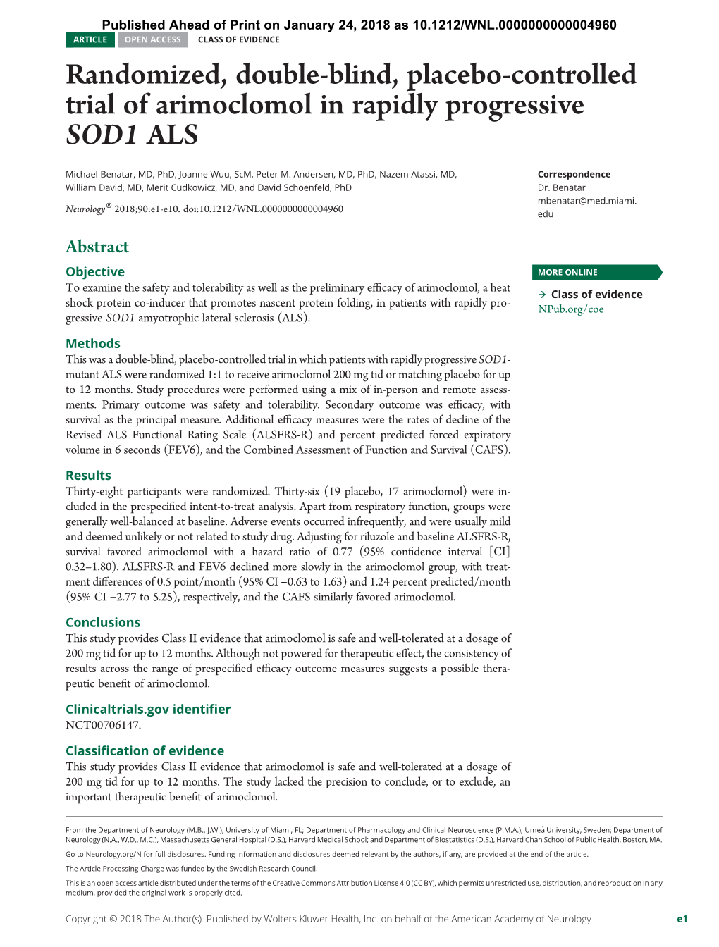 Randomized, Double-Blind, Placebo-Controlled Trial of Arimoclomol in Rapidly Progressive SOD1 ALS