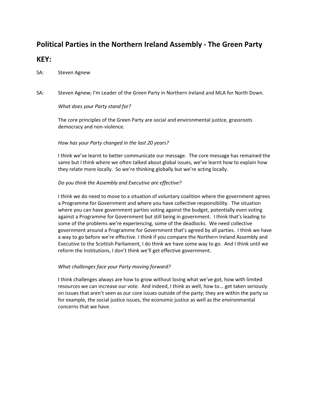 Political Parties in the Northern Ireland Assembly - the Green Party KEY