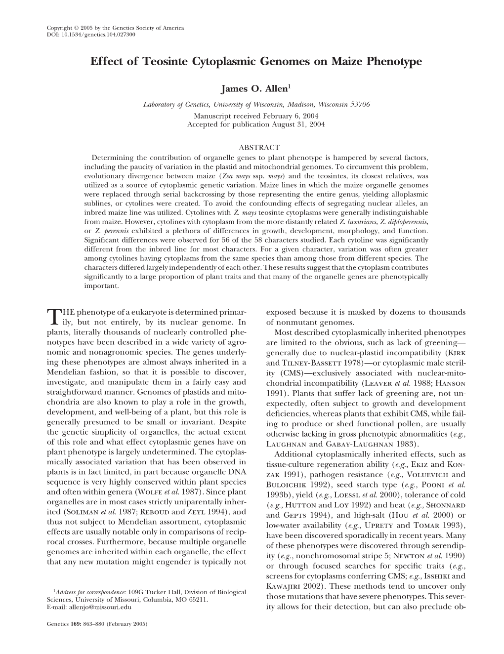 Effect of Teosinte Cytoplasmic Genomes on Maize Phenotype