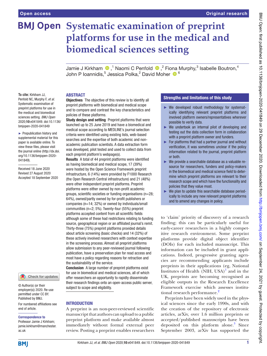 Systematic Examination of Preprint Platforms for Use in the Medical and Biomedical Sciences Setting