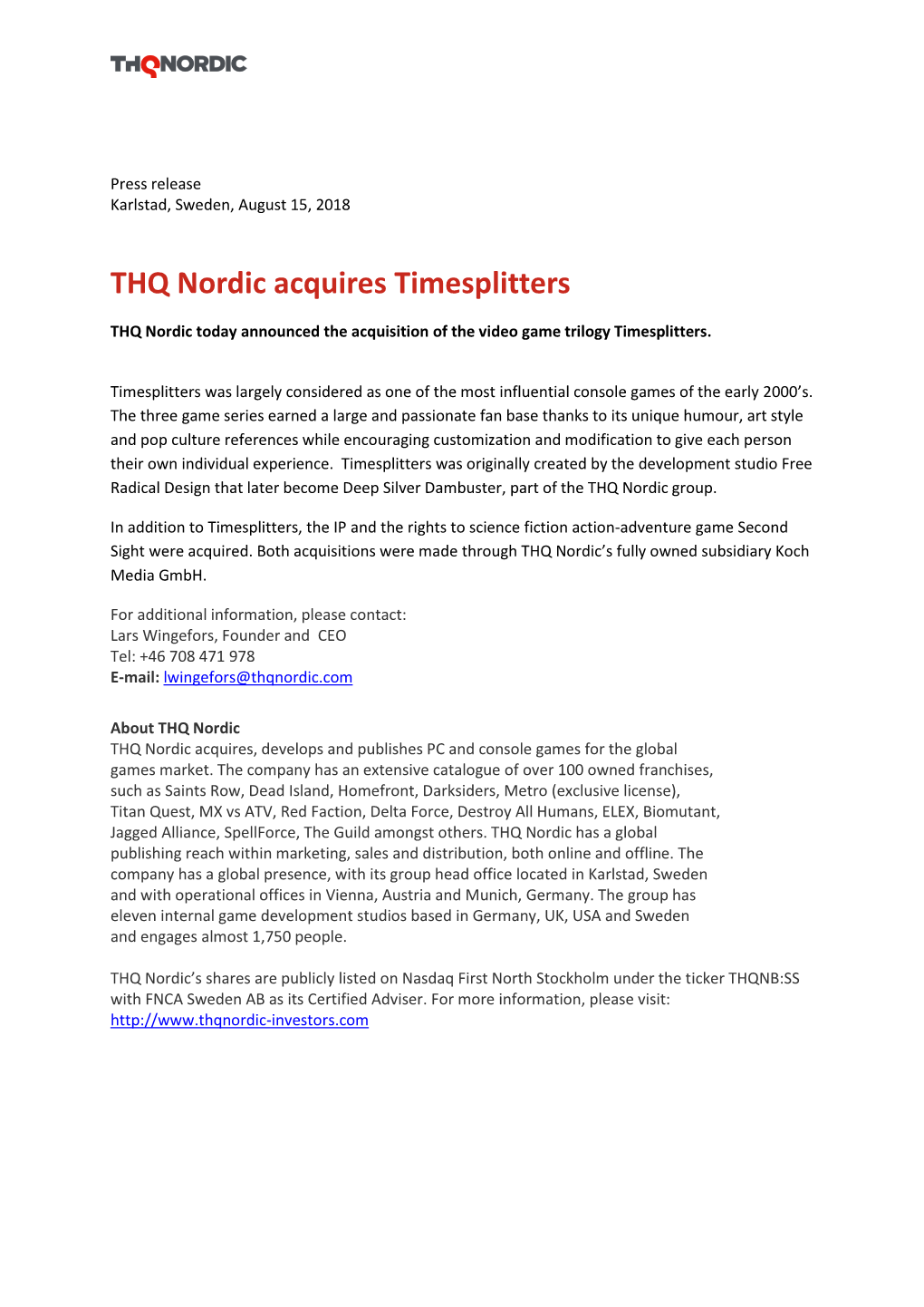 THQ Nordic Acquires Timesplitters