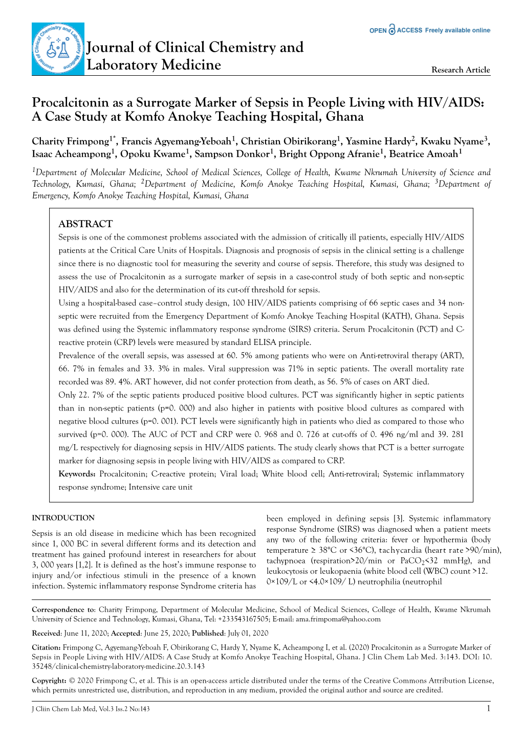 Procalcitonin As a Surrogate Marker of Sepsis in People Living with HIV/AIDS: a Case Study at Komfo Anokye Teaching Hospital, Ghana