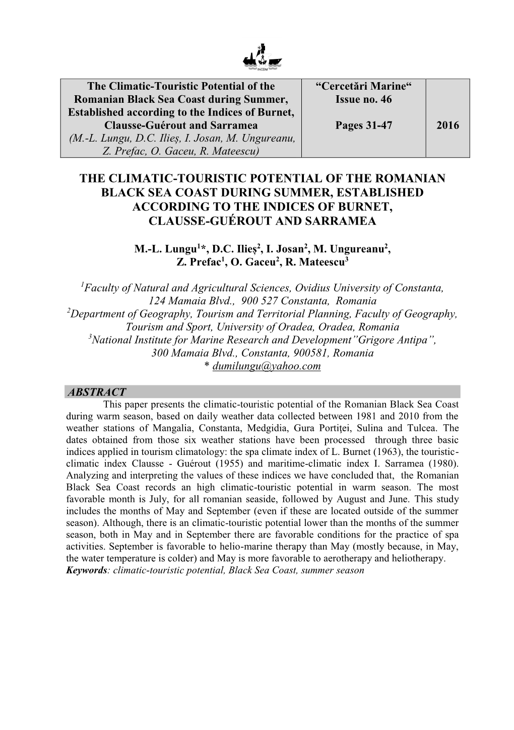 The Climatic-Touristic Potential of the Romanian Black Sea Coast During Summer, Established According to the Indices of Burnet, Clausse-Guérout and Sarramea