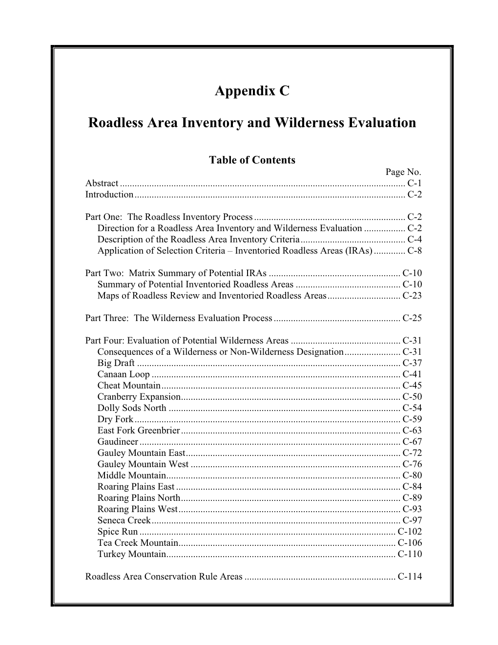 Appendix C Roadless Area Inventory and Wilderness Evaluation