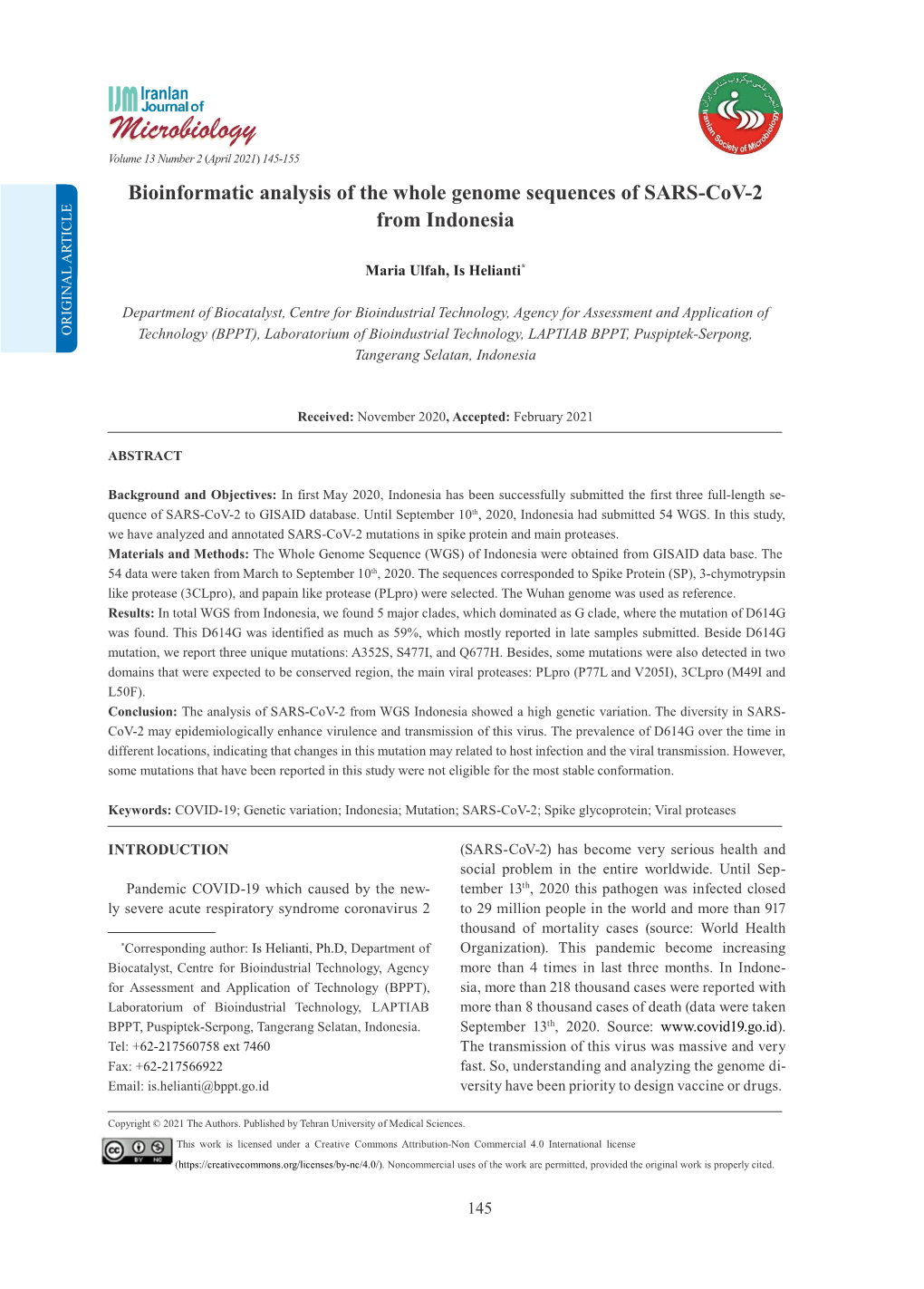 Bioinformatic Analysis of the Whole Genome Sequences of SARS-Cov-2 from Indonesia