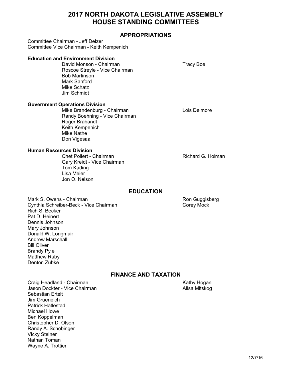 House Standing Committees