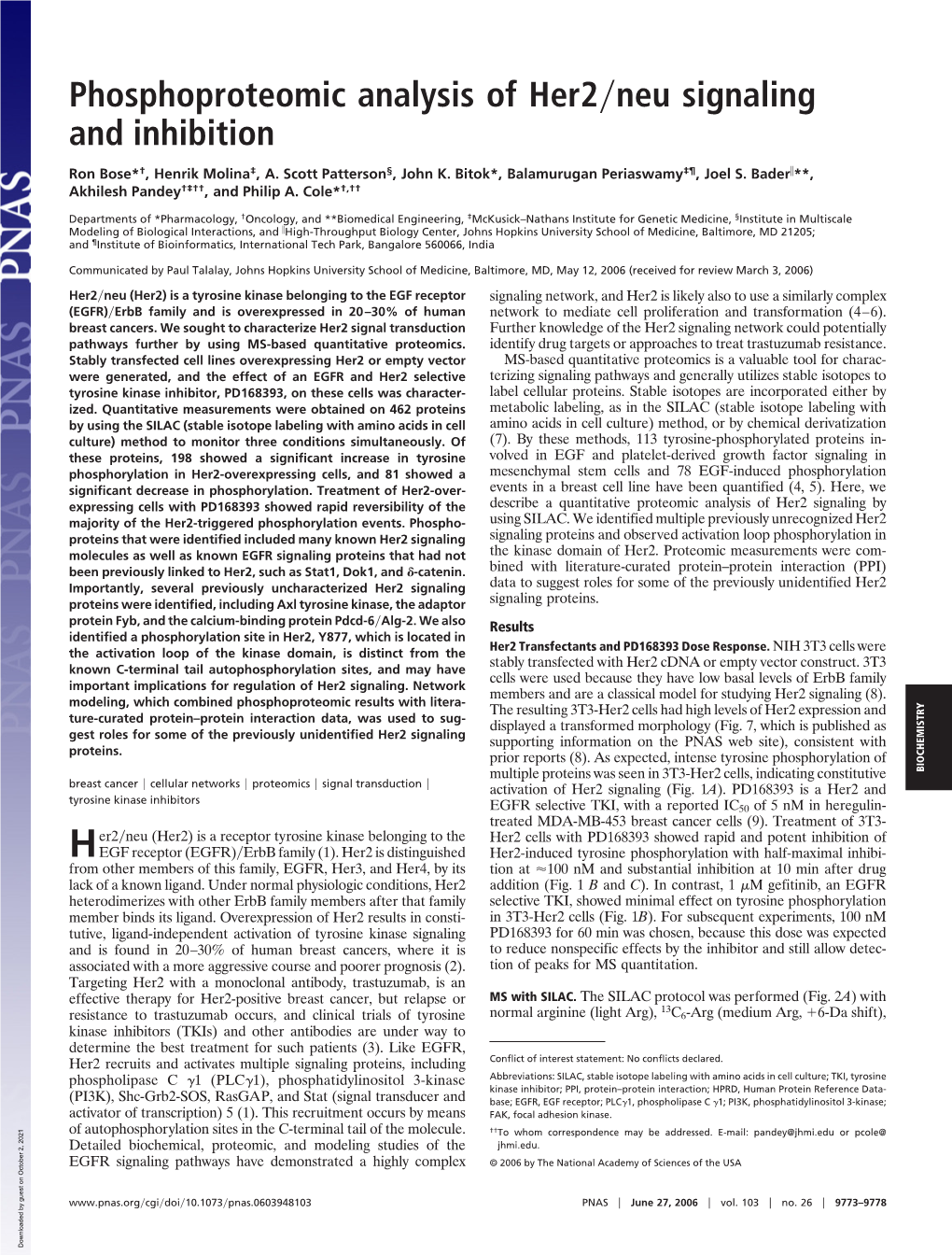 Phosphoproteomic Analysis of Her2 Neu Signaling and Inhibition