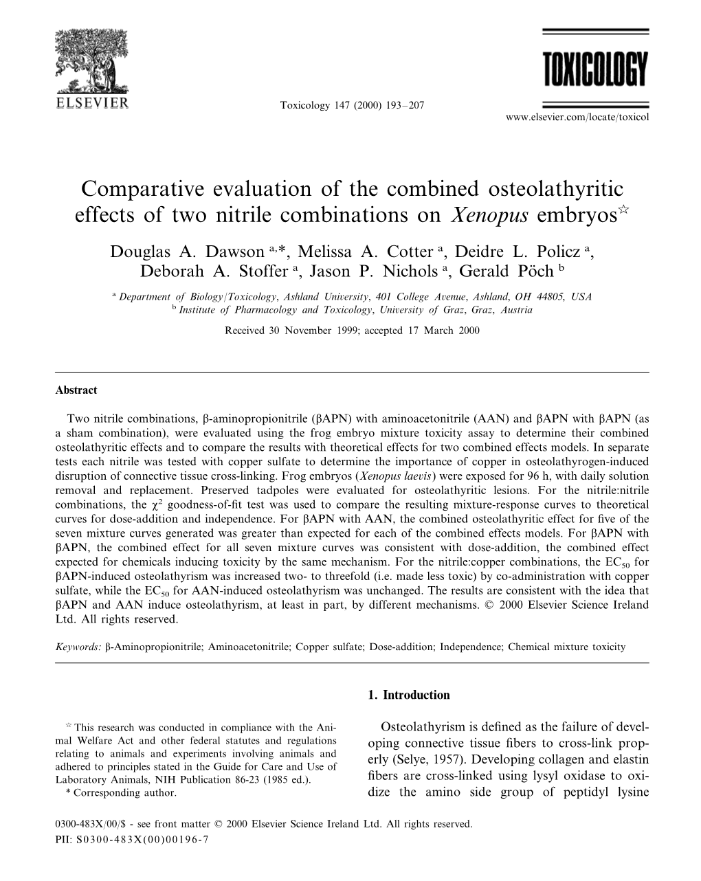 Comparative Evaluation of the Combined Osteolathyritic Effects of Two Nitrile Combinations on Xenopus Embryos