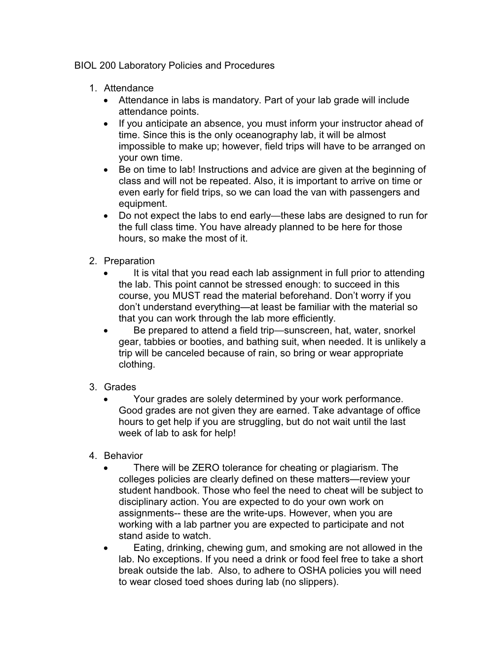 OCN 201 Laboratory Policies and Procedures