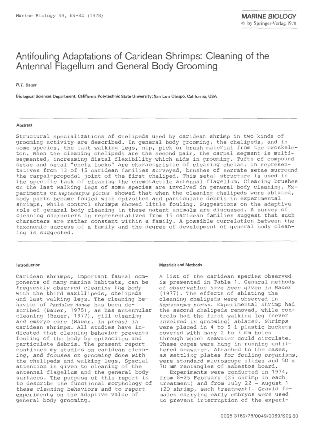 Antifouling Adaptations of Caridean Shrimps: Cleaning of the Antennal Flagellum and General Body Grooming