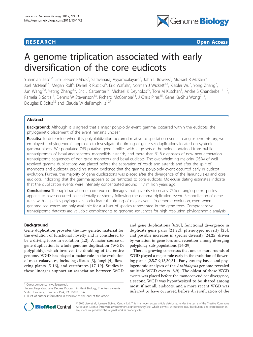 A Genome Triplication Associated with Early Diversification of the Core