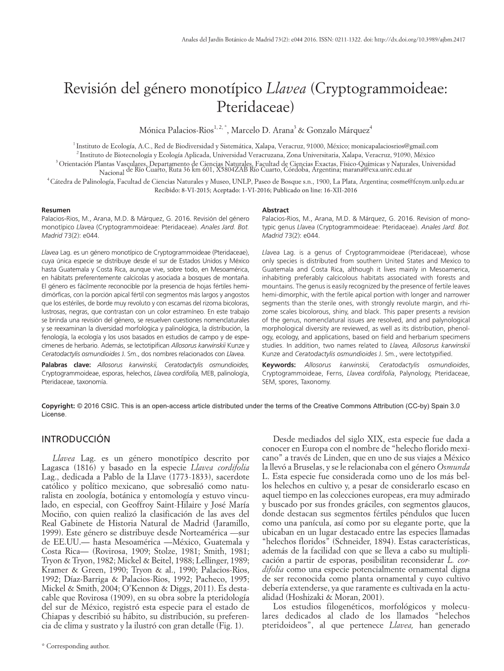 Revisión Del Género Monotípico Llavea (Cryptogrammoideae: Pteridaceae)