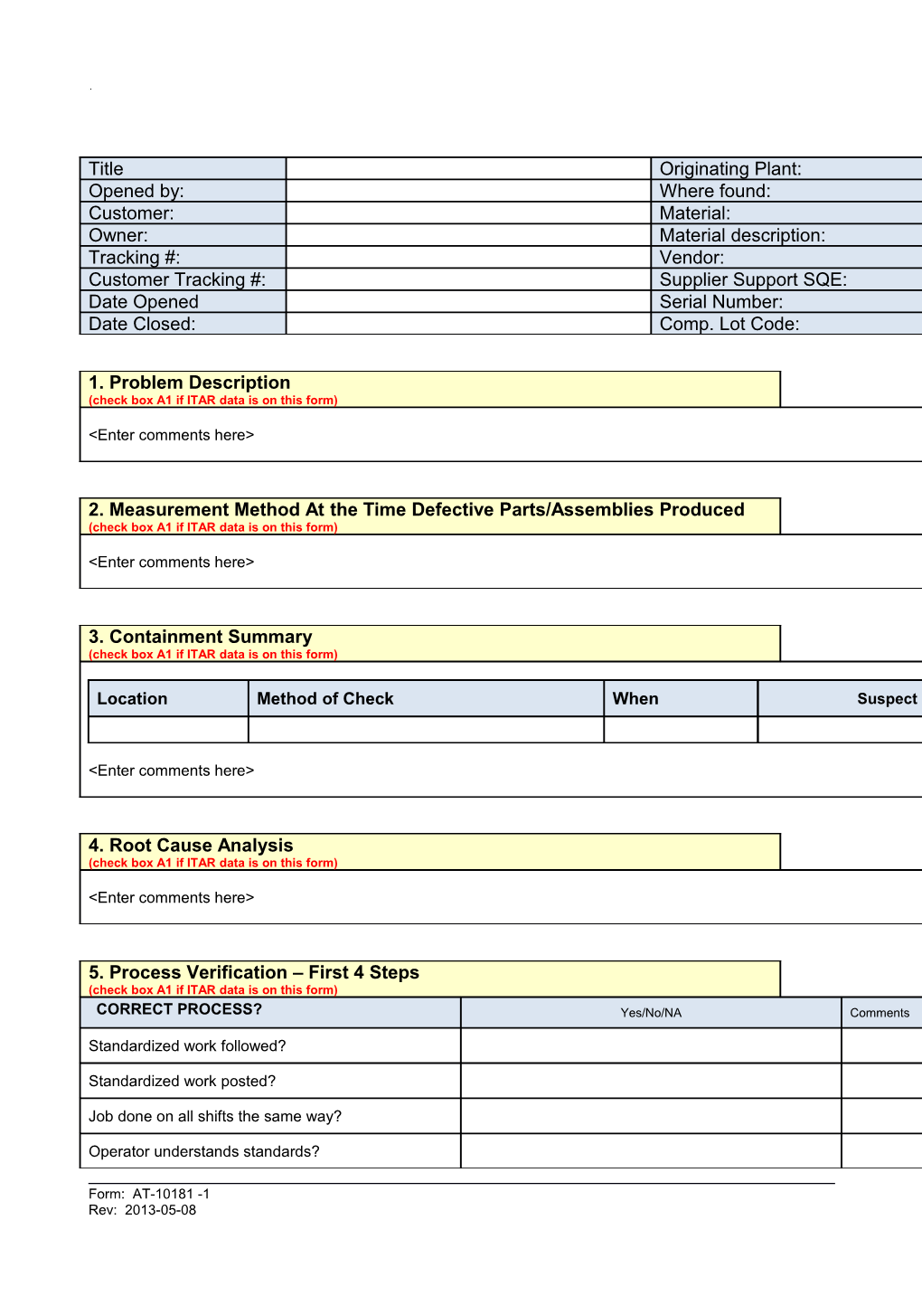 Problem Solving Form (8-Step) for ITAR Or Non-SQN Issues