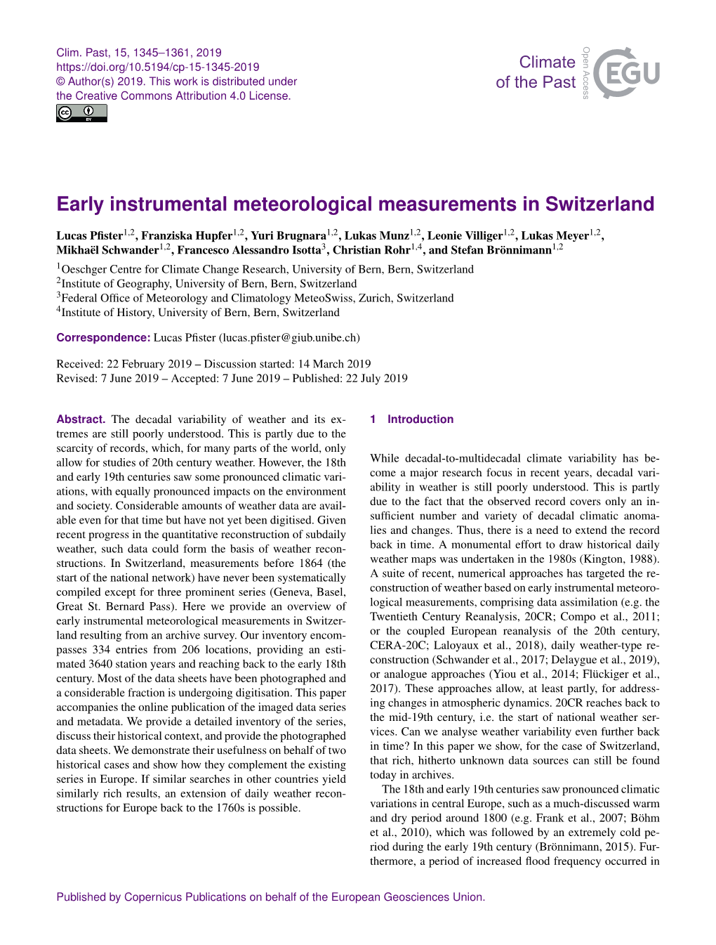 Early Instrumental Meteorological Measurements in Switzerland