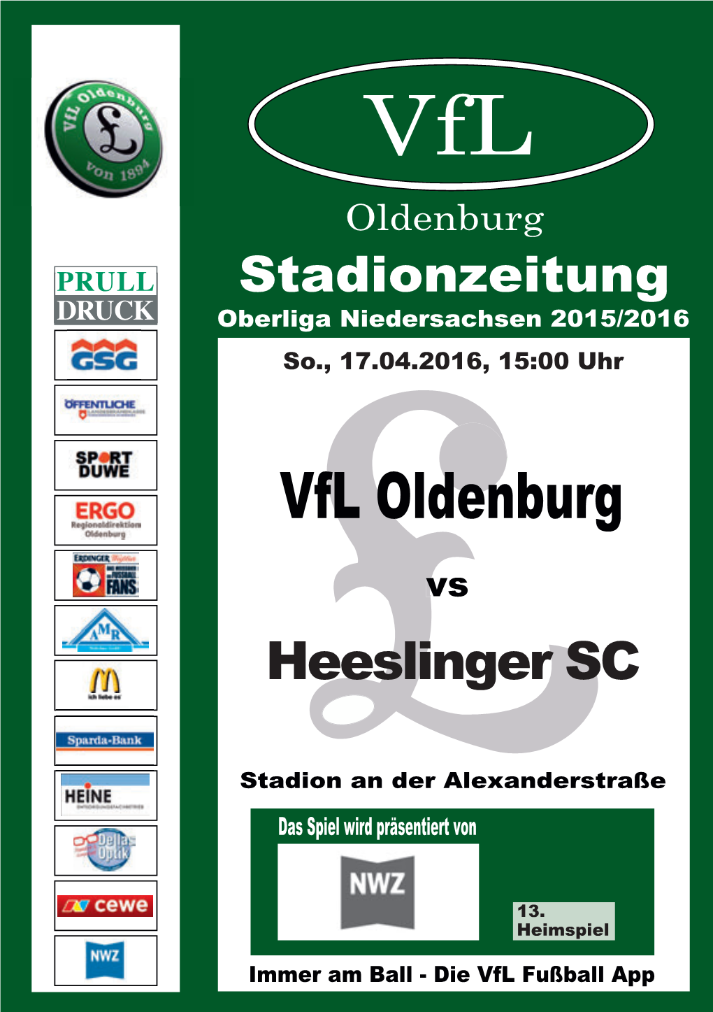 Vfl Oldenburg Stadionzeitung Oberliga Niedersachsen 2015/2016 So., 17.04.2016, 15:00 Uhr
