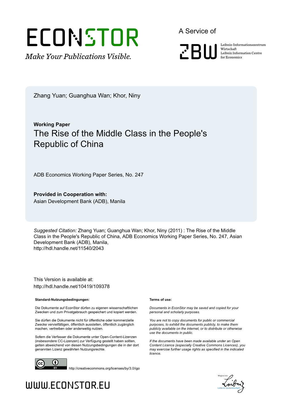 The Rise of the Middle Class in the People's Republic of China (No. 247)